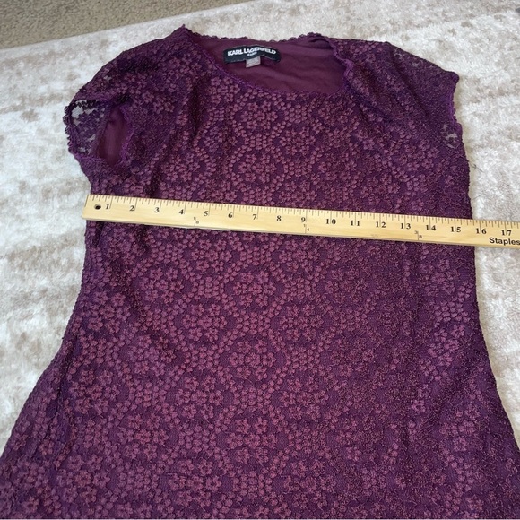 KARL LAGERFELD PARIS Lace Cap-Sleeve T-Shirt deep grape purple top blouse SZ SM - Picture 7 of 10